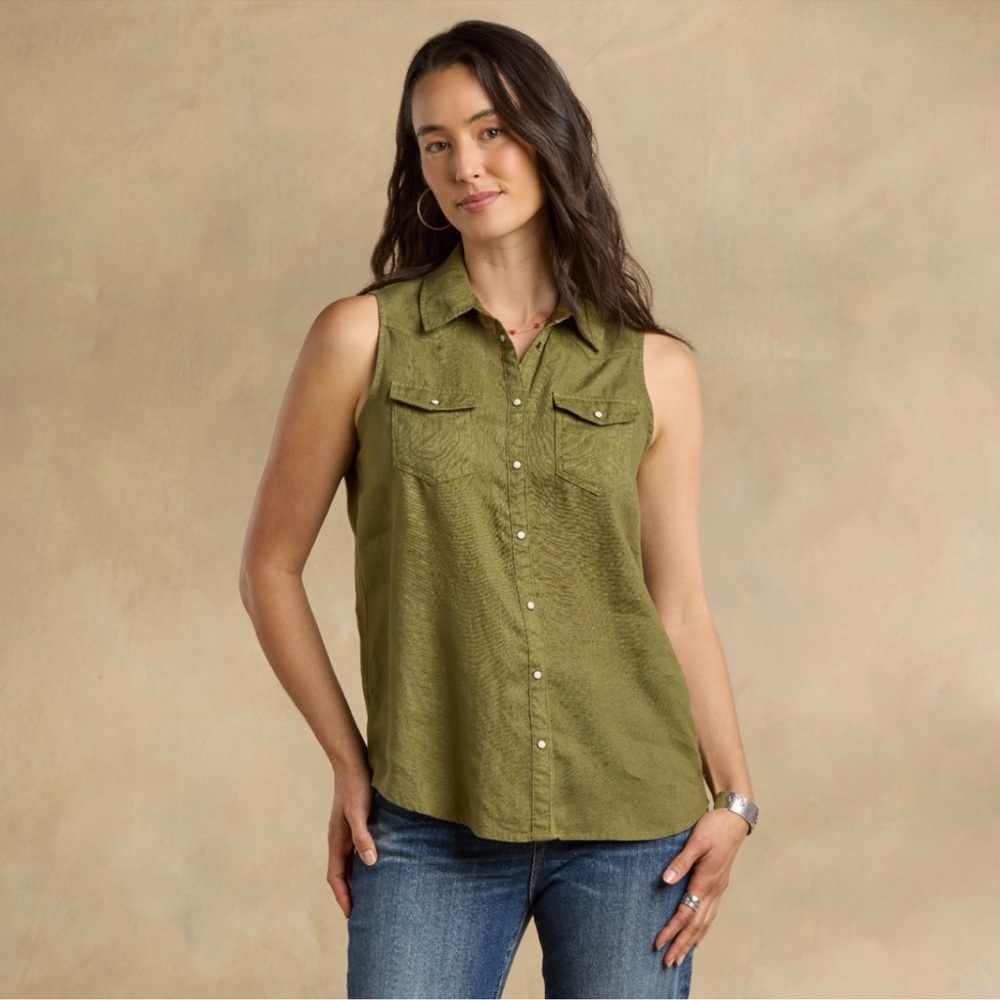 Sundance Willow olive green sleeveless 100% linen button down top NWT Medium